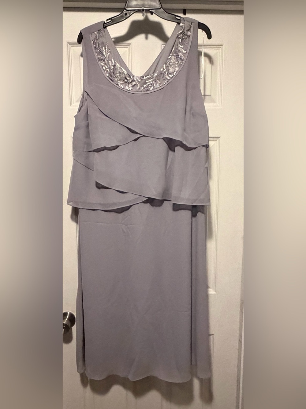 Midnight Velvet Gray Tiered Maxi Dress Skirt with Beaded Neckline